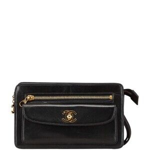 CHANEL Black Lambskin Leather Logo Clutch Bag